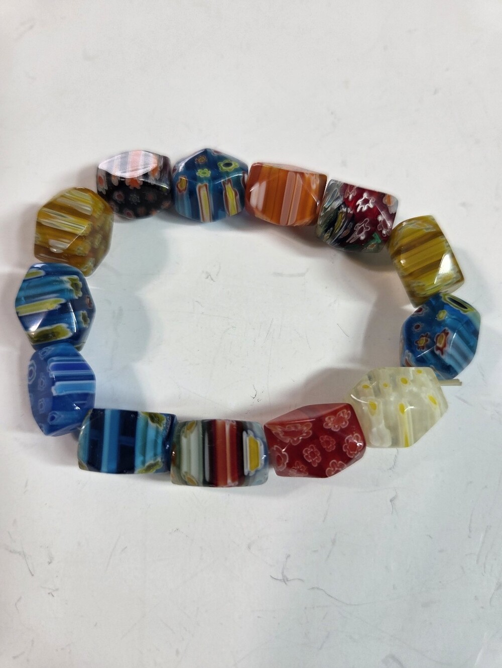 Colorful Millefiori Glass Bead Stretch Bracelet cubist red green blue chunky